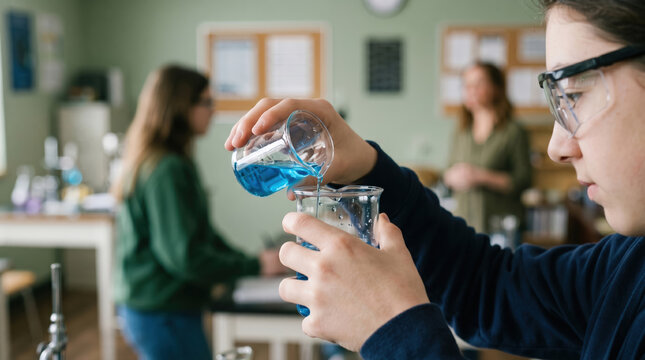 Student pours blue liquid in classroom science experiment