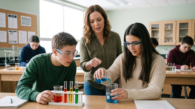 Students perform chemistry experiment with teacher guidance