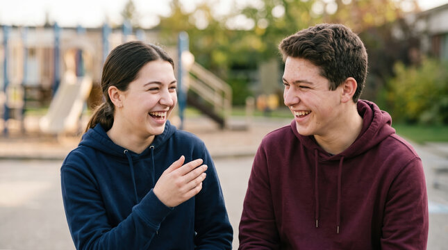 Two students laughing together at playground after school