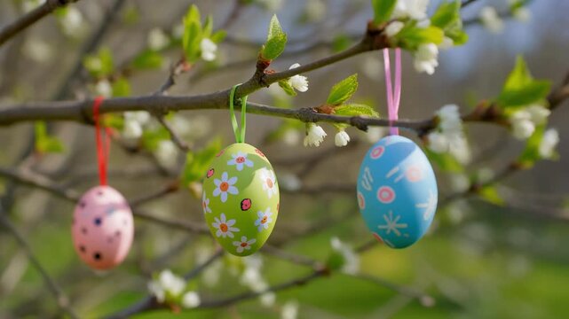 Easter eggs hanging from blooming tree branches in soft sunlight with shallow depth of field for festive spring celebration
