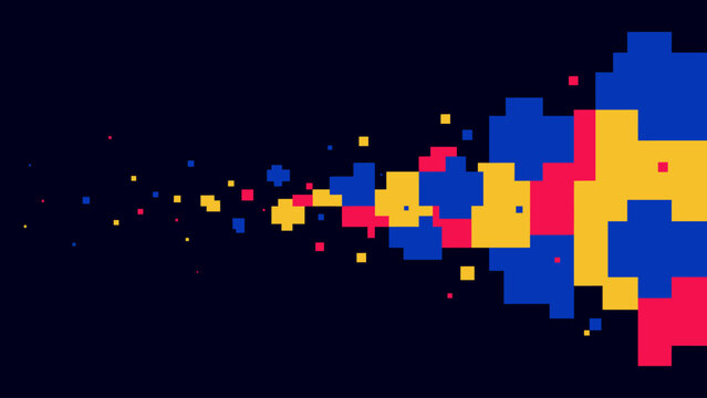 Colorful pixel art rocket trail with glowing digital blocks. Futuristic space inspired composition for gaming, technology and creative backgrounds. Vector illustration.