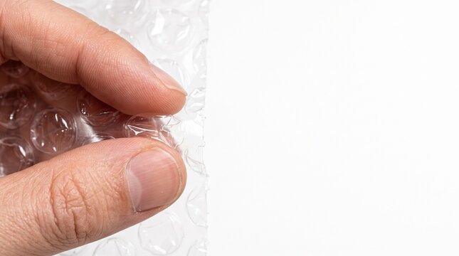 Close up of a human hand holding clear bubble wrap packaging material against a white background