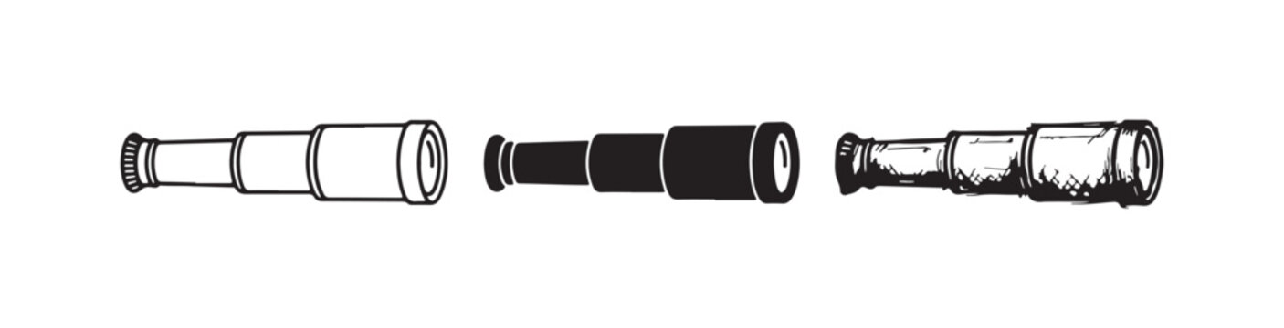 Extended monocular telescope with disconnected part, shown in outline, solid, and detailed hand-drawn sketch styles