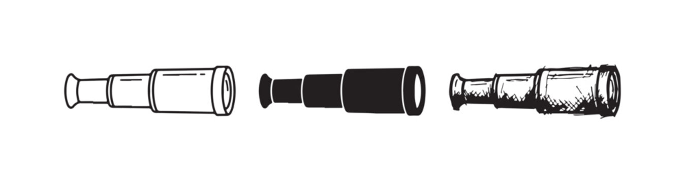 Extended monocular telescope with disconnected part, shown in outline, solid, and detailed hand-drawn sketch styles