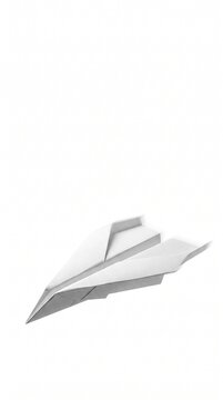 A white paper airplane in flight against a clean white background symbolizing dreams and imagination