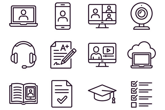 Online education and remote learning icons set with various devices and study elements in clean line art style