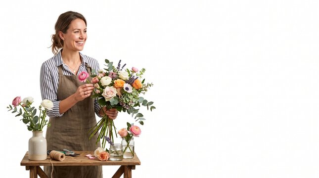 Smiling florist arranging a beautiful bouquet of fresh flowers with eucalyptus and lavender on a wooden table