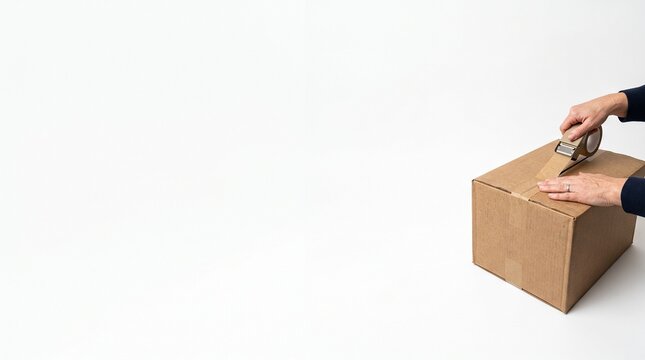 Hands sealing a cardboard box with tape dispenser on a white background