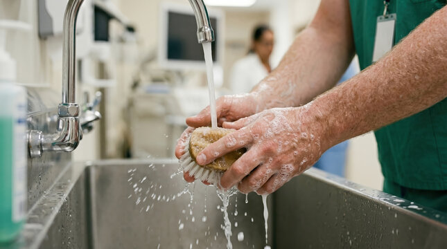 Healthcare worker washing hands with soap and water