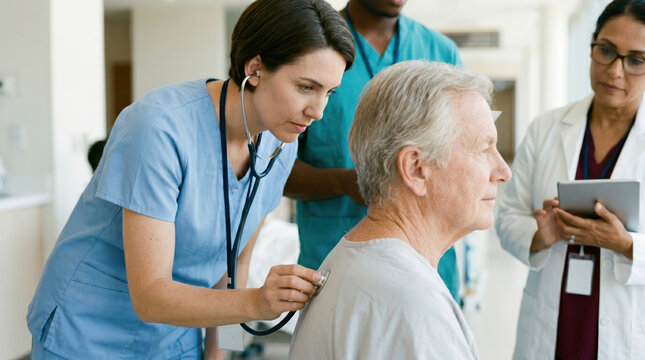 Healthcare workers examine a senior patient in a hospital setting