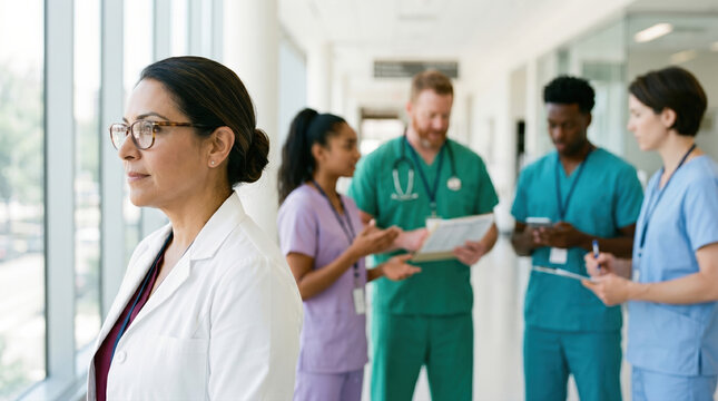 Healthcare professionals in a hospital corridor discuss patient care