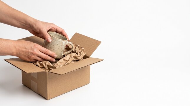 Hands carefully placing a speckled ceramic mug into a cardboard shipping box with protective paper cushioning