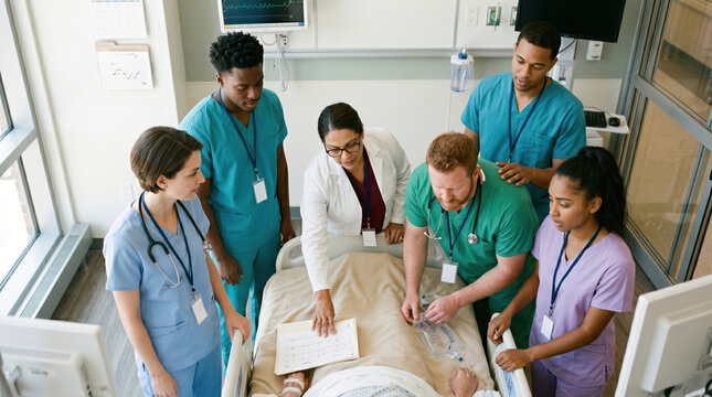 Group of nurses and doctors assist patient in hospital room