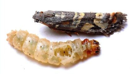 Fototapeta premium Close-up of adult moth and larva on white background showing detailed textures and colors