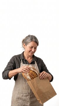 Smiling Baker Woman With Gray Hair Placing Freshly Baked Artisan Bread Into A Paper Bag