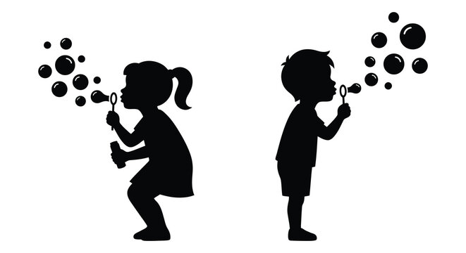 Two children blowing bubbles a black silhouette against a white background silhouette child kid kids