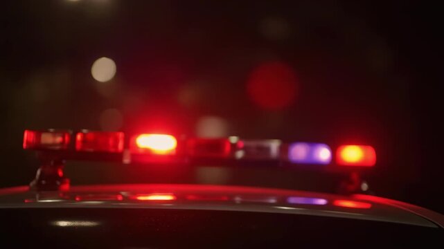 Flashing emergency lights on a vehicle roof with rotating beams during a night scene with atmospheric haze and bokeh