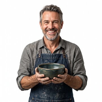 Smiling middle aged man artisan holding a handmade ceramic bowl with clay on his hands