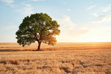Fototapeta premium Lone Green Tree Standing Tall in Golden Wheat Field Under Blue Sky with Soft Sunlight