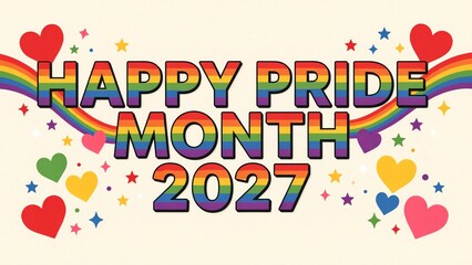 Pride month 2027 illustration with rainbow arc and scattered heart shaped ornaments vector graphic hearts