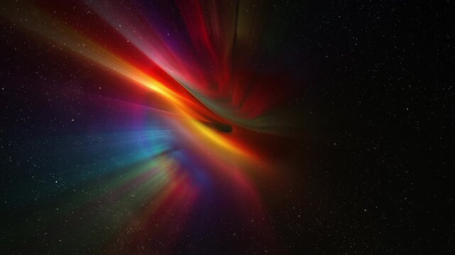 Abstract multicolor glow sphere with rays, science background. Bizzard planet structure in space, 4k