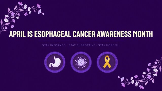 Esophageal Cancer Awareness Icons With Floral Ornament Purple Background esophagus stomach ribbon violet symbol illustration