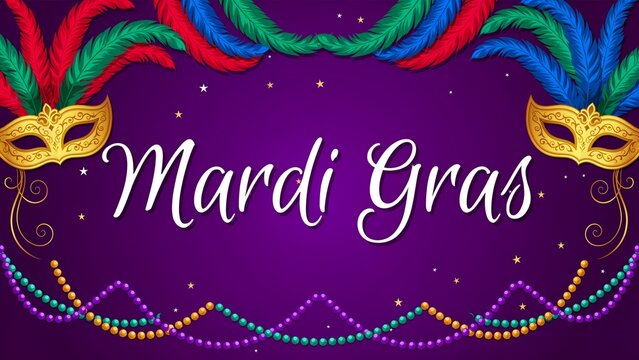 Mardi gras floral ornament with masks feathers and beads on purple background carnival festival celebration