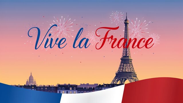 Vector illustration of the eiffel tower with fireworks and french flag colors scenic background paris