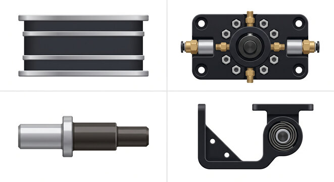 Illustration of Robotic Remote Center Compliance (RCC) components: shear pad, pneumatic plate, overload pin, and leg.