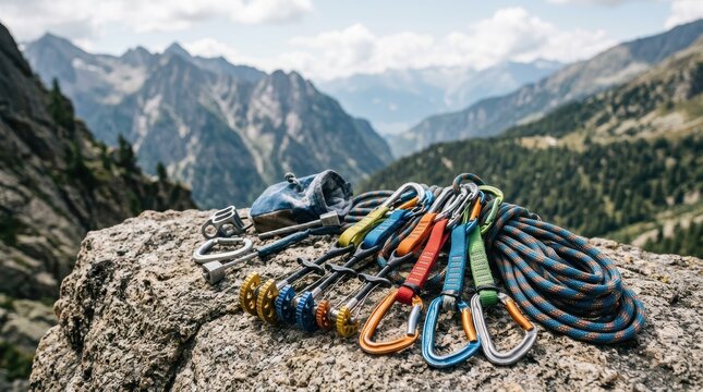 A collection of professional rock climbing equipment neatly arranged on a rugged mountain rock, featuring durable metal carabiners, colorful quickdraws, protective cams, climbing rope.