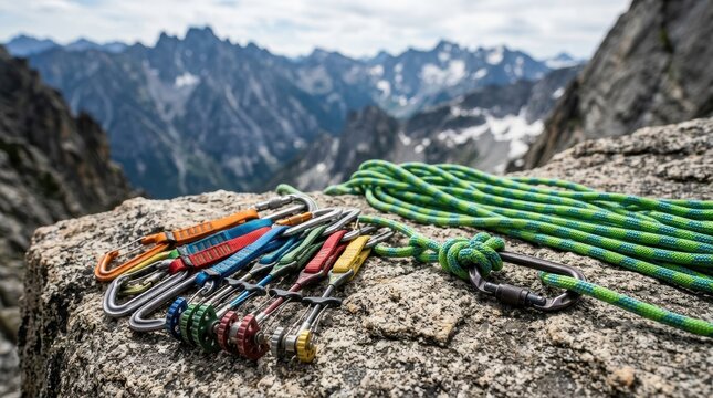 A collection of professional rock climbing equipment neatly arranged on a rugged mountain rock, featuring durable metal carabiners, colorful quickdraws, protective cams, climbing rope.