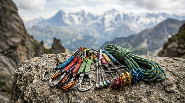 A collection of professional rock climbing equipment neatly arranged on a rugged mountain rock, featuring durable metal carabiners, colorful quickdraws, protective cams, climbing rope.