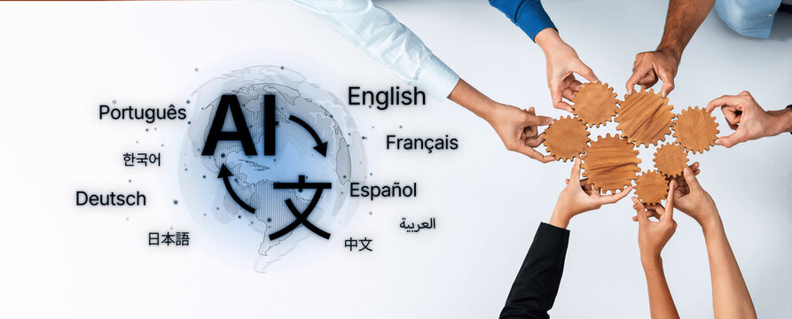 A diverse group engaged in a collaborative effort representing AI. The image showcases multiple languages, emphasizing global communication and technology impact on learning. Trope