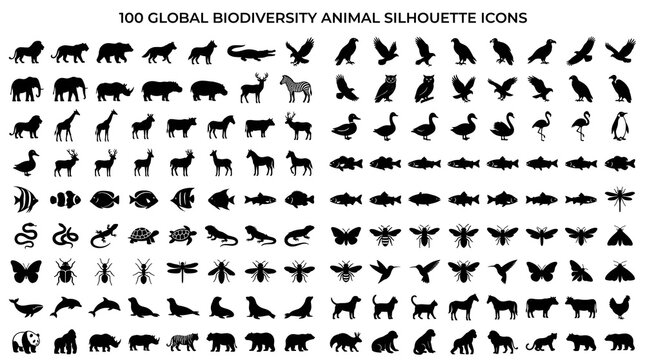 Global biodiversity animal icons, 100 silhouette collection, black animal shapes, conservation symbols