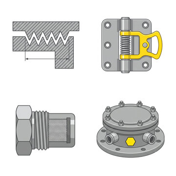 Illustration of Ex d flameproof enclosure hardware: flame path joint, spring hinge, breathing plug, and junction box.