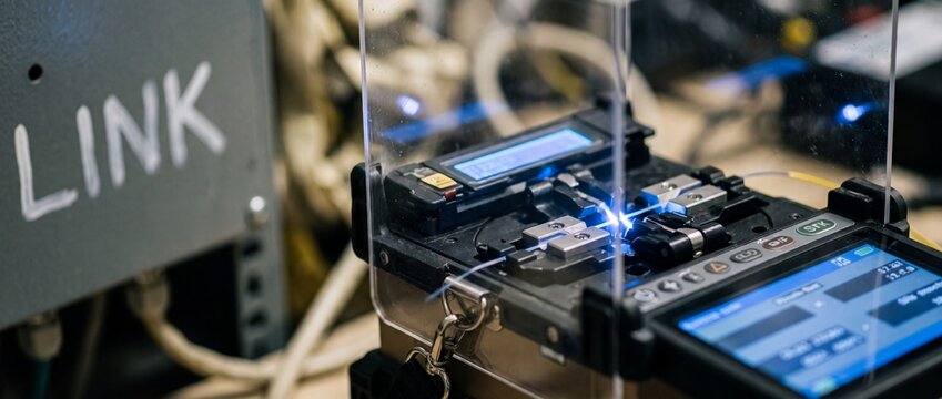 Fiber optic fusion splicer machine connecting high speed network cables with blue electric arc in telecommunications server room database center, conceptual high technology internet infrastructure.