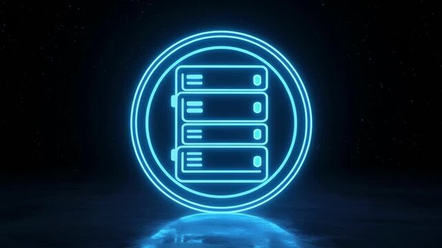 Glowing blue database icon with data stacks rotates slowly in dark studio with reflection for technology concept