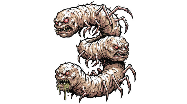 A terrifying three headed monstrous worm creature with sharp claws and glowing red angry eyes