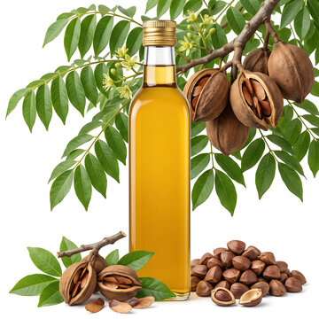 Bottle of marula oil with fresh fruit and leaves skincare cosmetic haircare