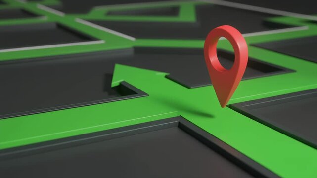 GPS pin navigating a complex maze over a dark background with glowing green paths during a journey