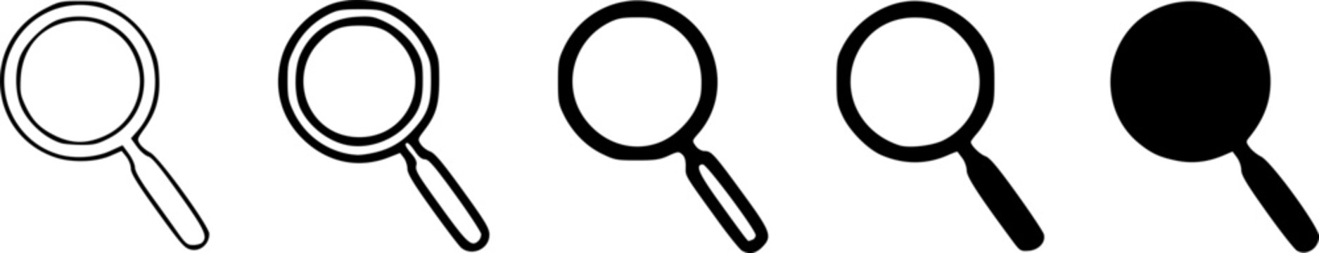 Magnifying glass search icon set with thin outline, bold outline, and solid black styles in multiple sizes, a clean and versatile find and zoom symbol vector collection perfect for UI design, app, web