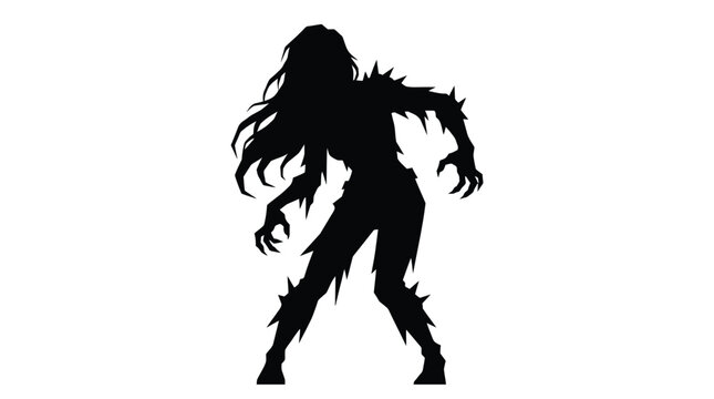 A terrifying black silhouette of a female zombie with ragged clothes standing on white background