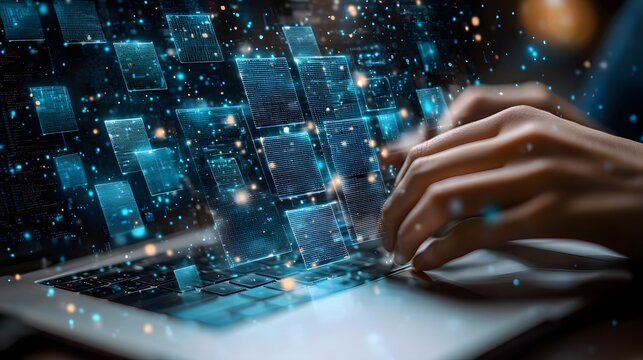 Next generation document management with glowing blue data panels image