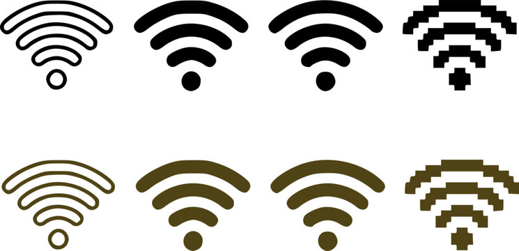 WiFi wireless signal icon set with outline, solid, pixel art, and retro styles in black and gold colors, a versatile internet connection symbol vector collection perfect for UI design, app, technology