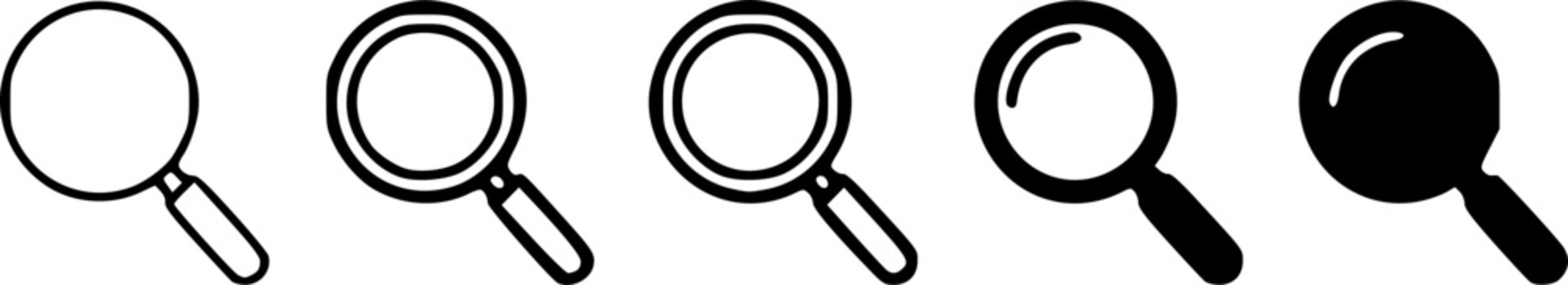 Magnifying glass search icon set with multiple outline and solid styles in black, a clean and versatile find and zoom symbol vector collection perfect for website UI, app design, search bar, and techn
