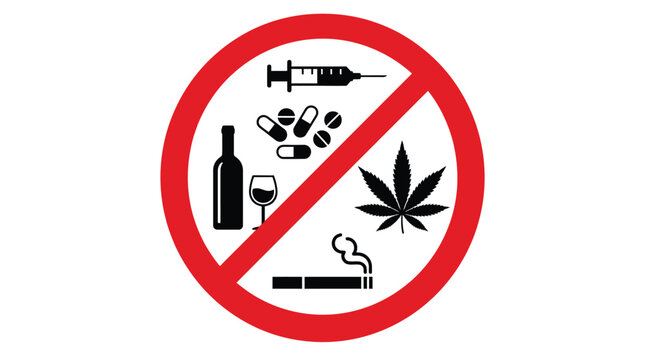 A red prohibition sign depicting various illegal substances including alcohol, tobacco, cannabis, and medical syringes