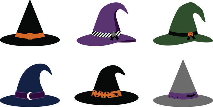 Six colorful Halloween witch hats collection
