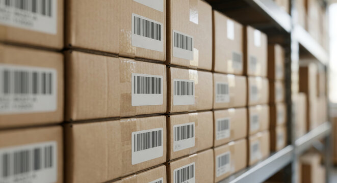 Warehouse boxes with SKU barcodes in organized rows, close-up perspective, logistics and inventory management concept