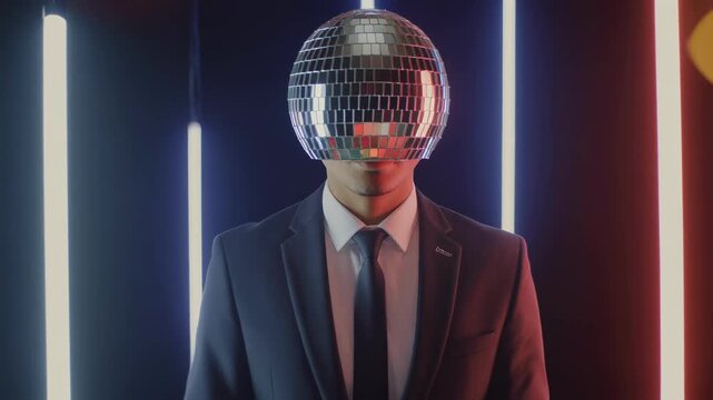 Man in formal suit and reflective helmet stands against vibrant neon lights with cinematic motion and selective focus