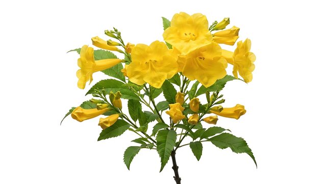 Bright yellow trumpetbush flowers with lush green leaves on a branch isolated on a white background for botanical illustration and springtime concepts